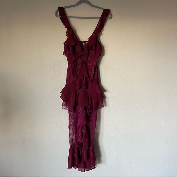 For Love and Lemons Daphne Midi Wine Red Dress  Lace Blouse Sheer Size XS - Picture 8 of 13